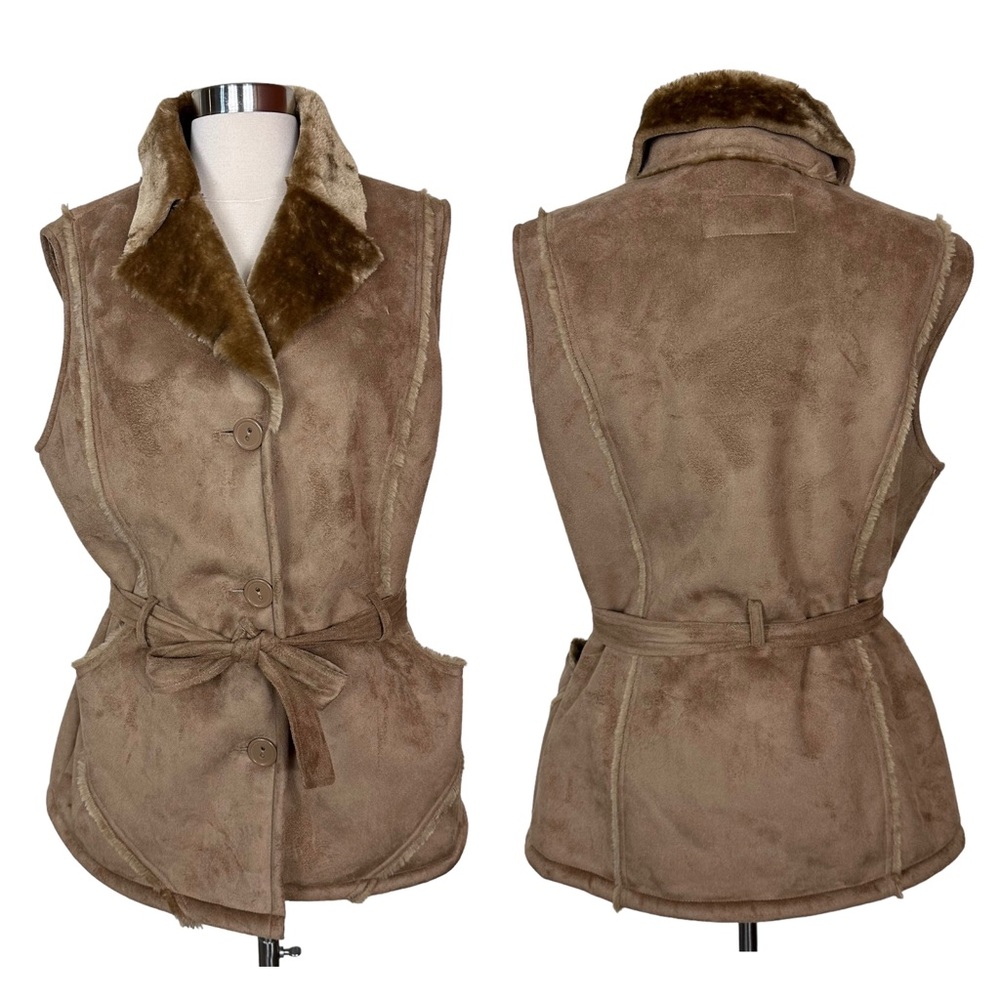 Sporto Faux Fur Lined Belted Soft Vegan Faux Suede Belted Brown Vest Jacket M